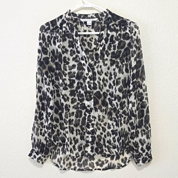 Diane Von Furstenberg Black and Gray Notched Collar Sheer Blouse - Picture 1 of 8
